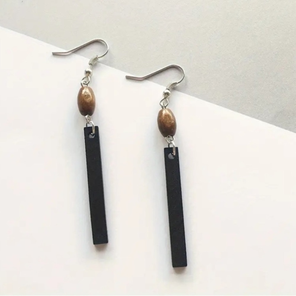 NEW Wooden Matchstick dangle Earrings Two Tone Geometric - Boutique